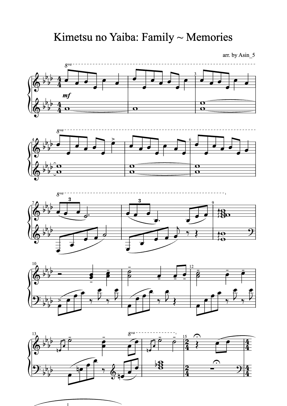 Sheet music preview for Kimetsu No Yaiba: Family ~ Memories