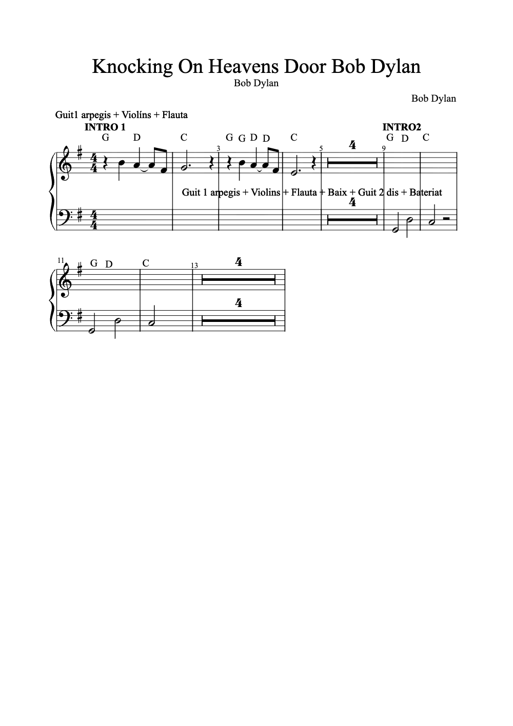 Sheet music preview for Knocking on Heaven's Door