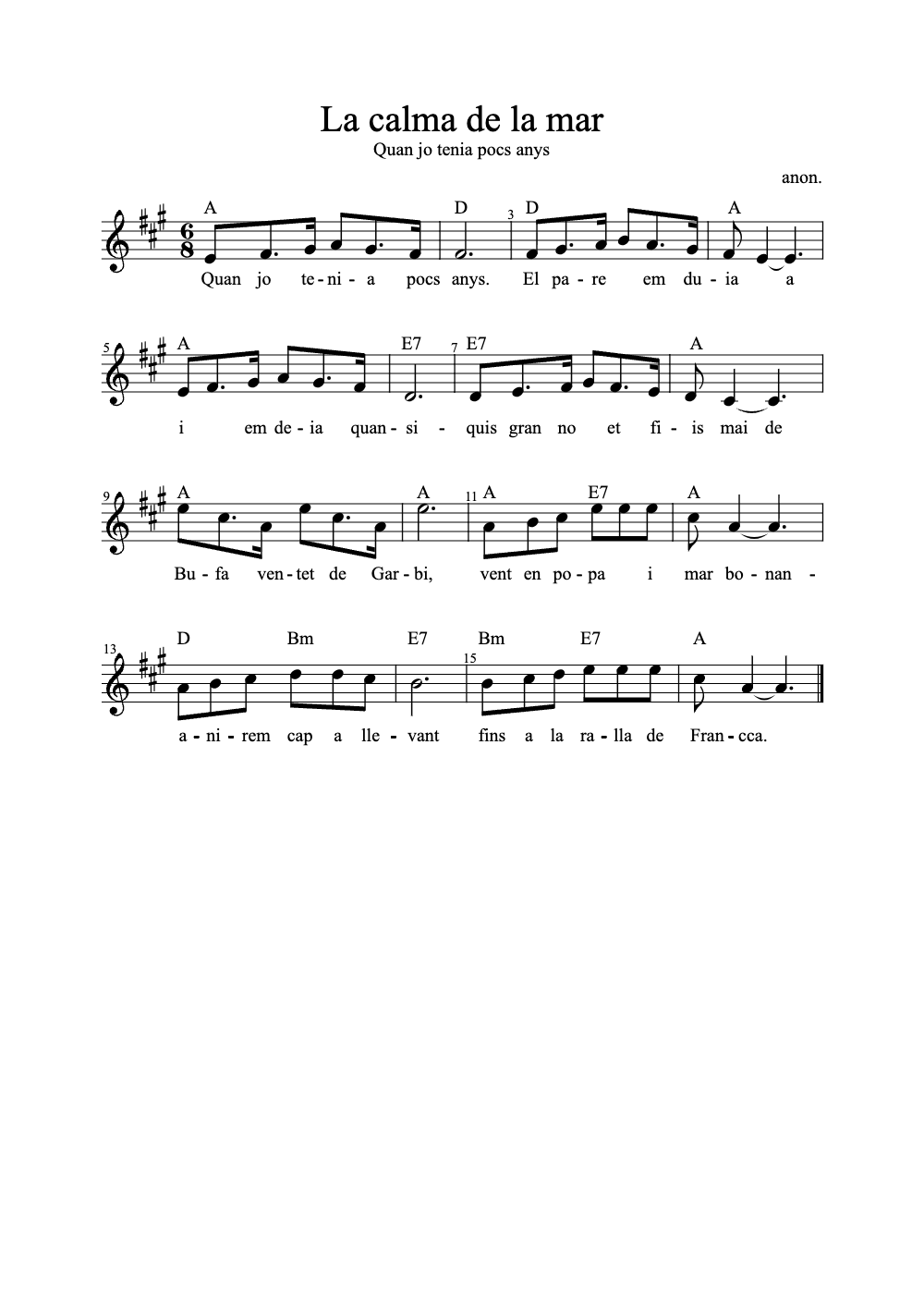 Sheet music preview for La Calma de la Mar