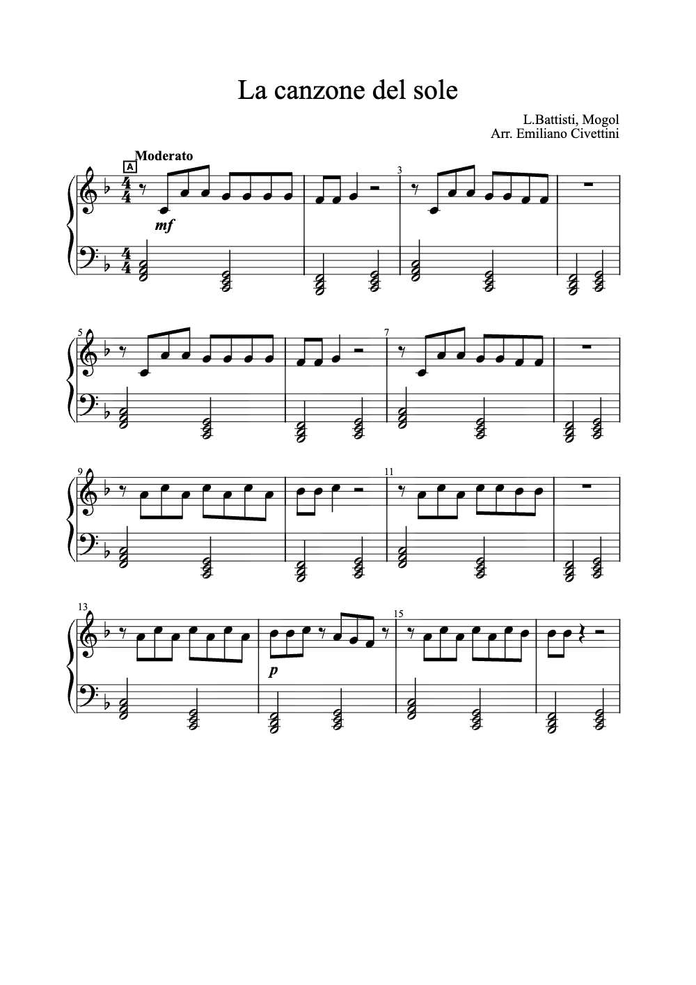 Sheet music preview for La Canzone del Sole