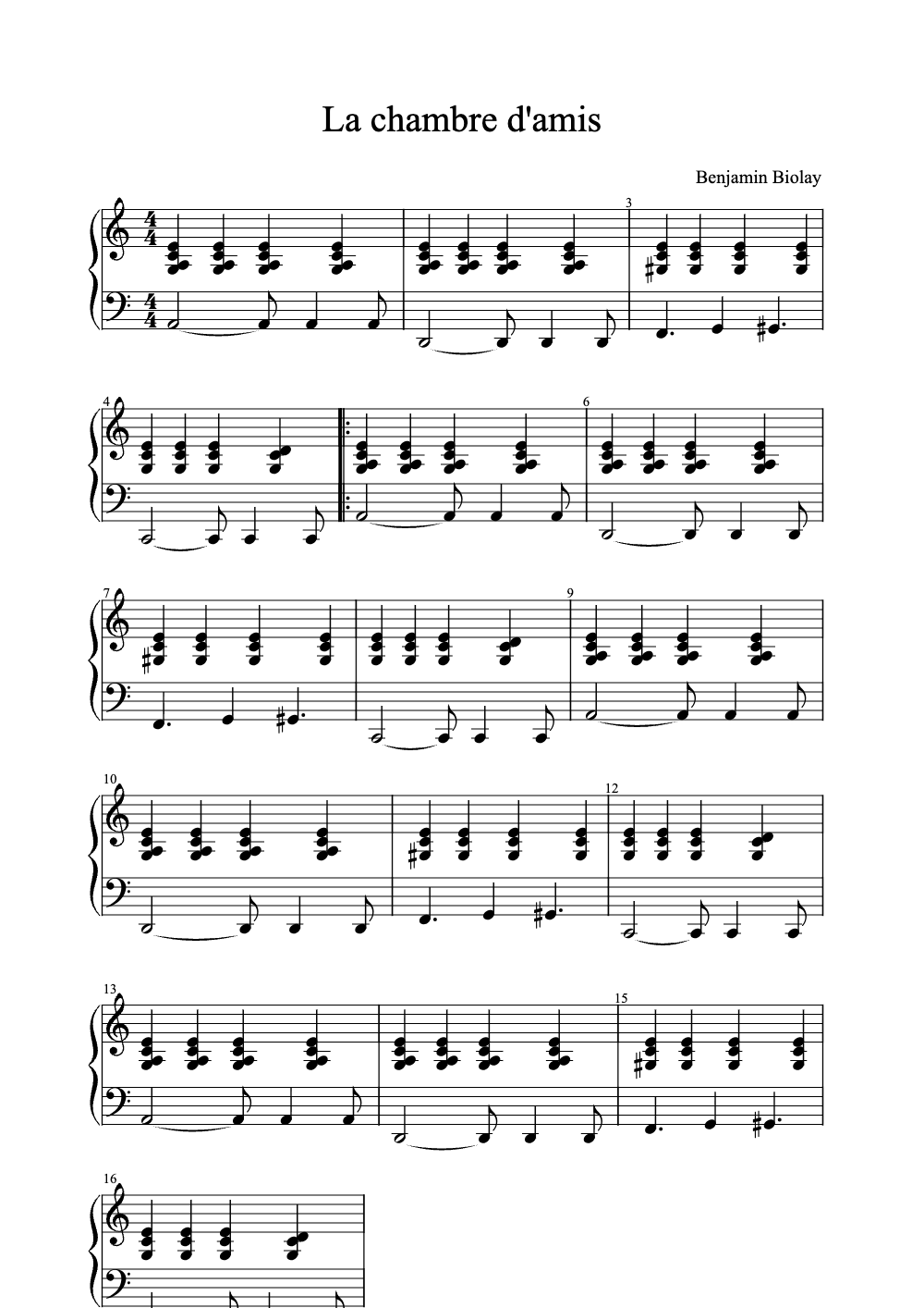 Sheet music preview for La Chambre d'Amis