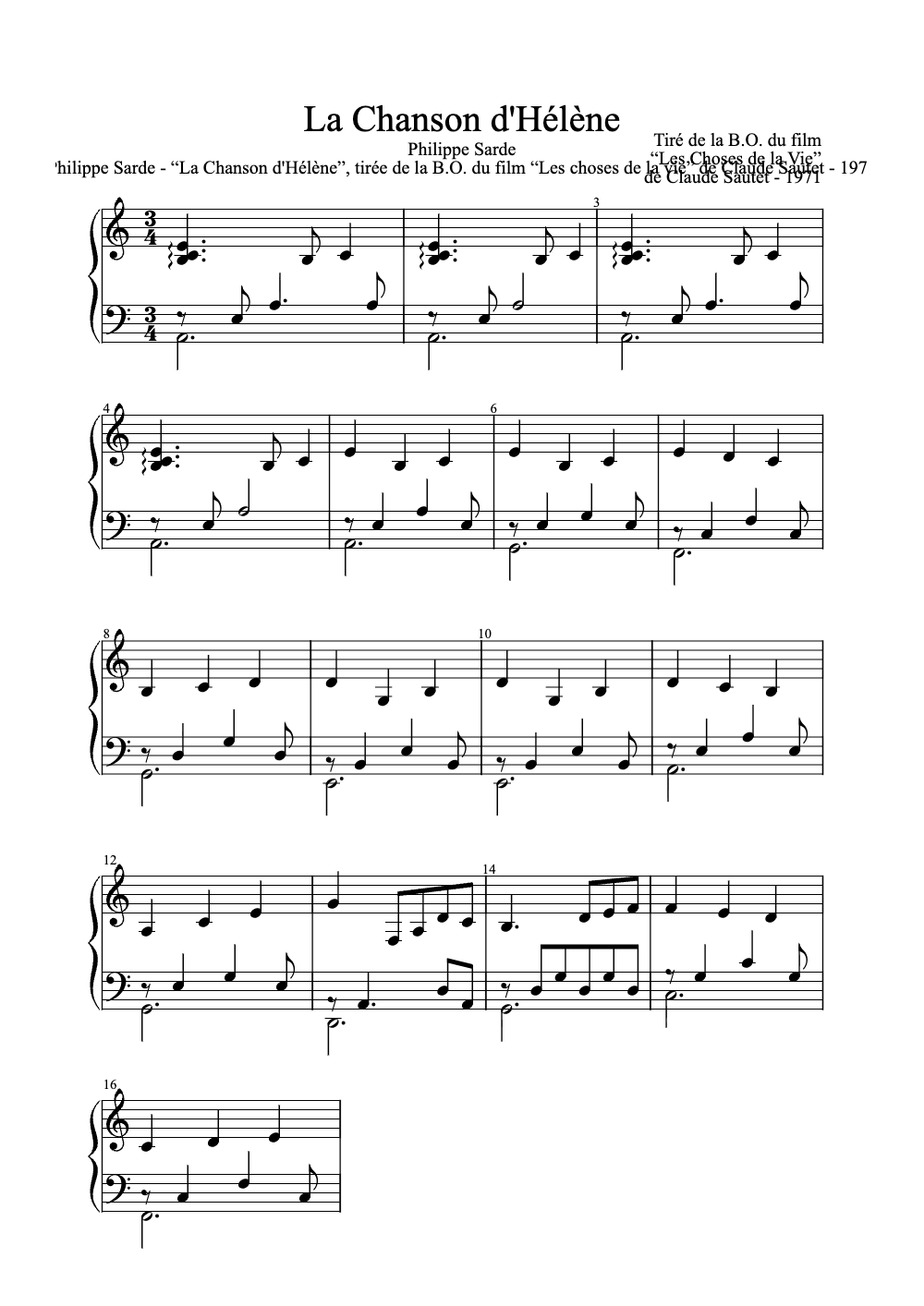 Sheet music preview for La Chanson D'hélène