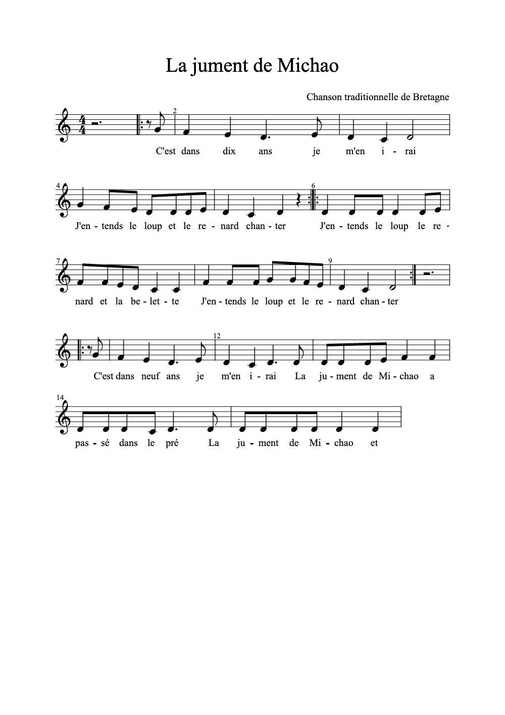 Sheet music preview for La Jument de Michao