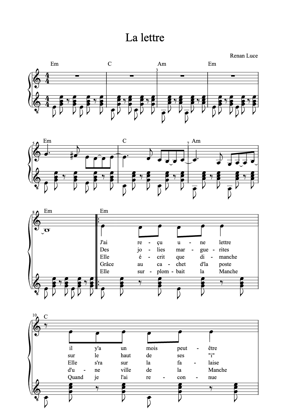 Sheet music preview for La Lettre
