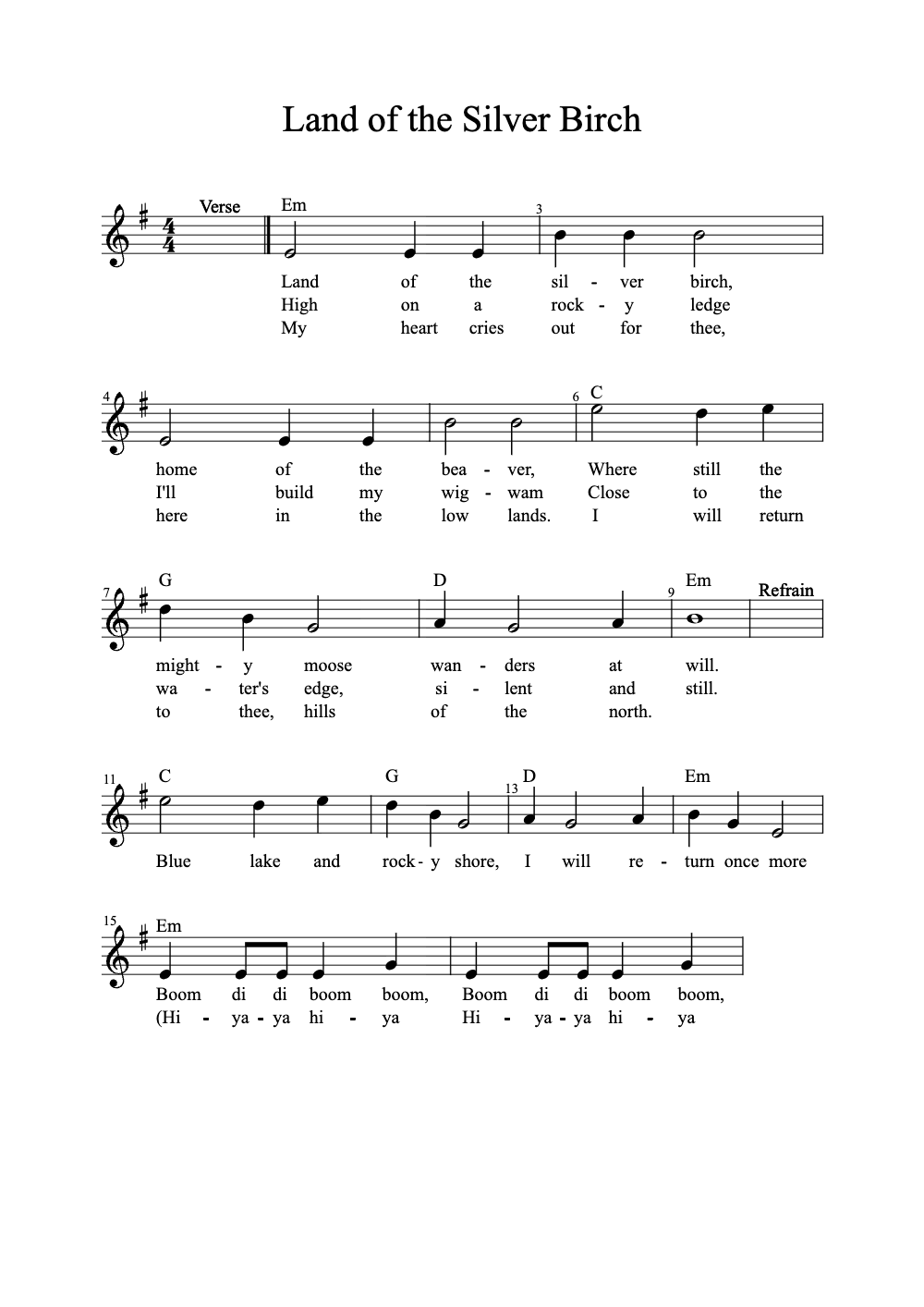 Sheet music preview for Land of the Silver Birch