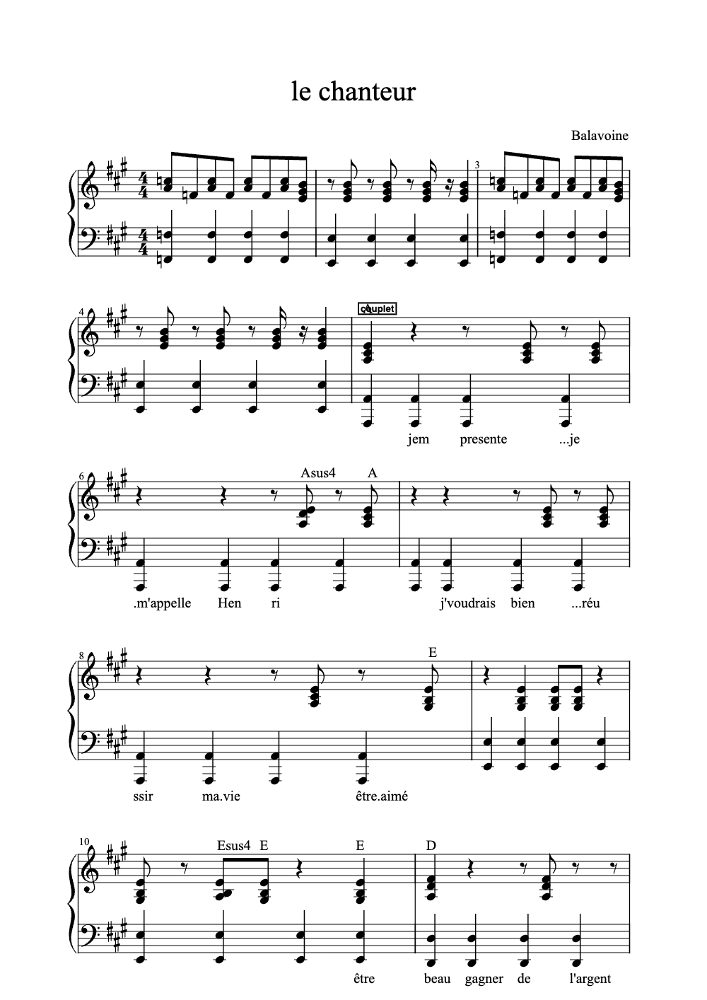 Sheet music preview for Le Chanteur