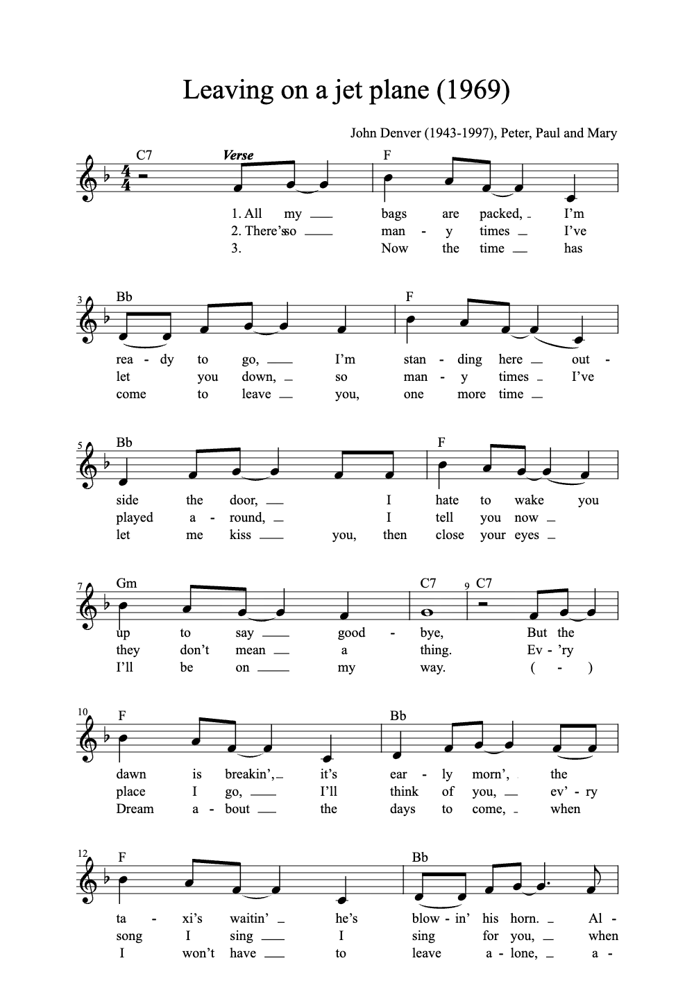 Sheet music preview for Leaving on a Jet Plane