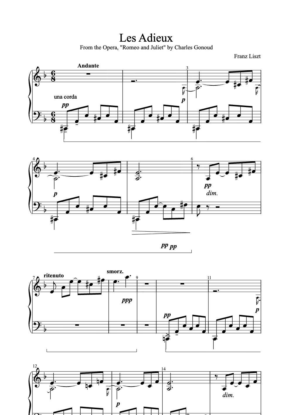 Sheet music preview for Les Adieux
