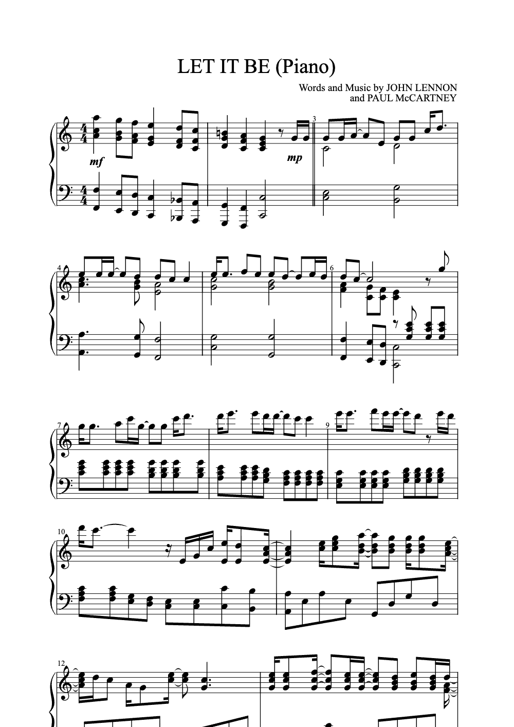 Sheet music preview for Let It Be