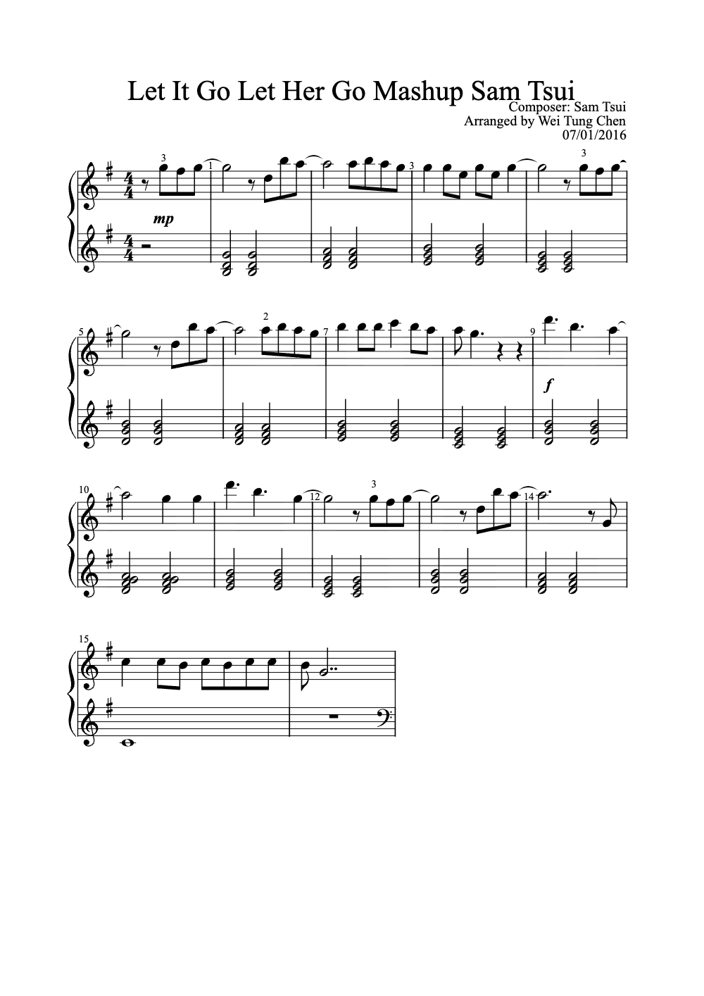 Sheet music preview for Let It Go Let Her Go Mashup