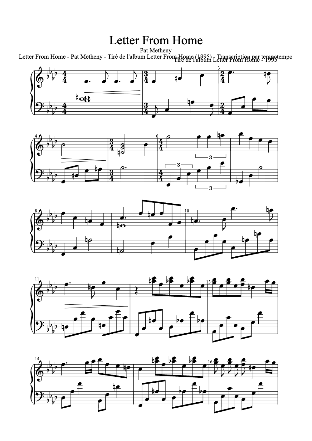 Sheet music preview for Letter from Home