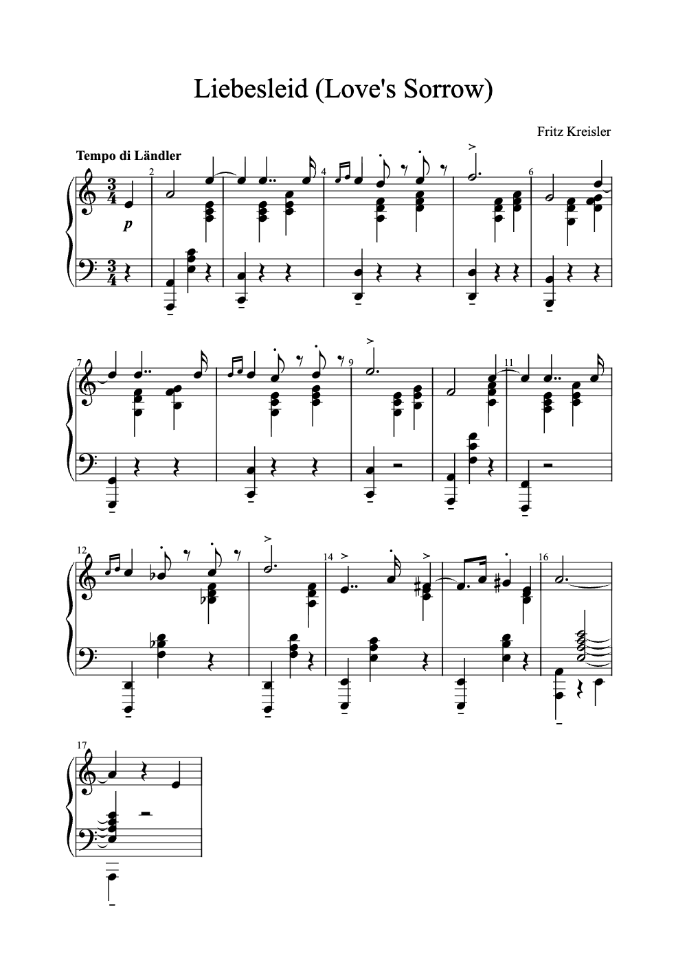 Sheet music preview for Liebesleid (Love's Sorrow)