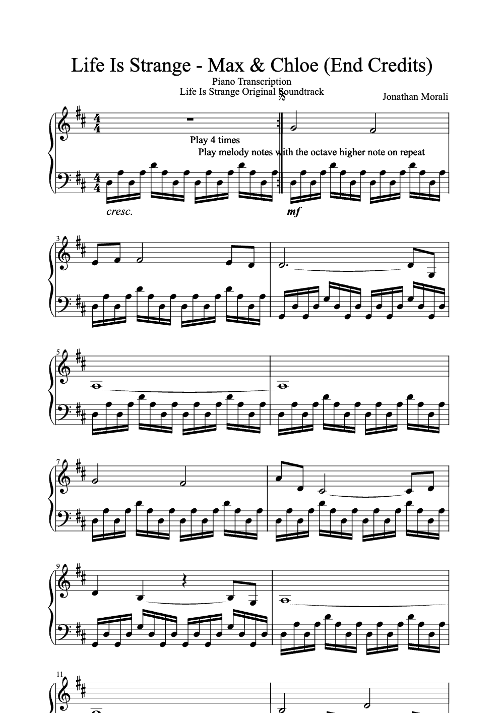 Sheet music preview for Life Is Strange - Max & Chloe (End Credits)