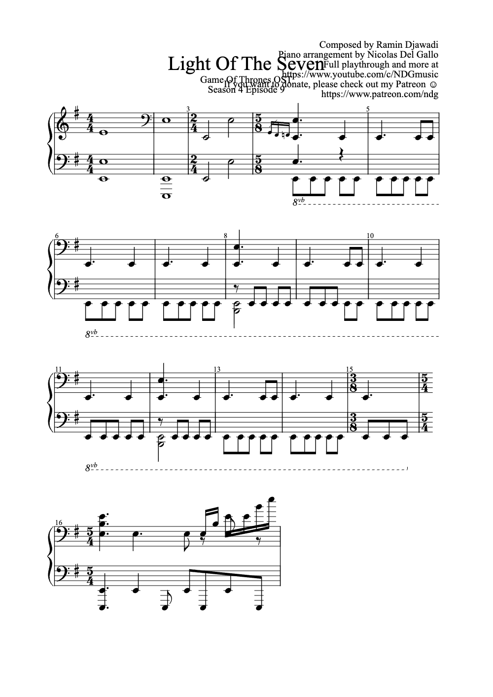 Sheet music preview for Light of the Seven