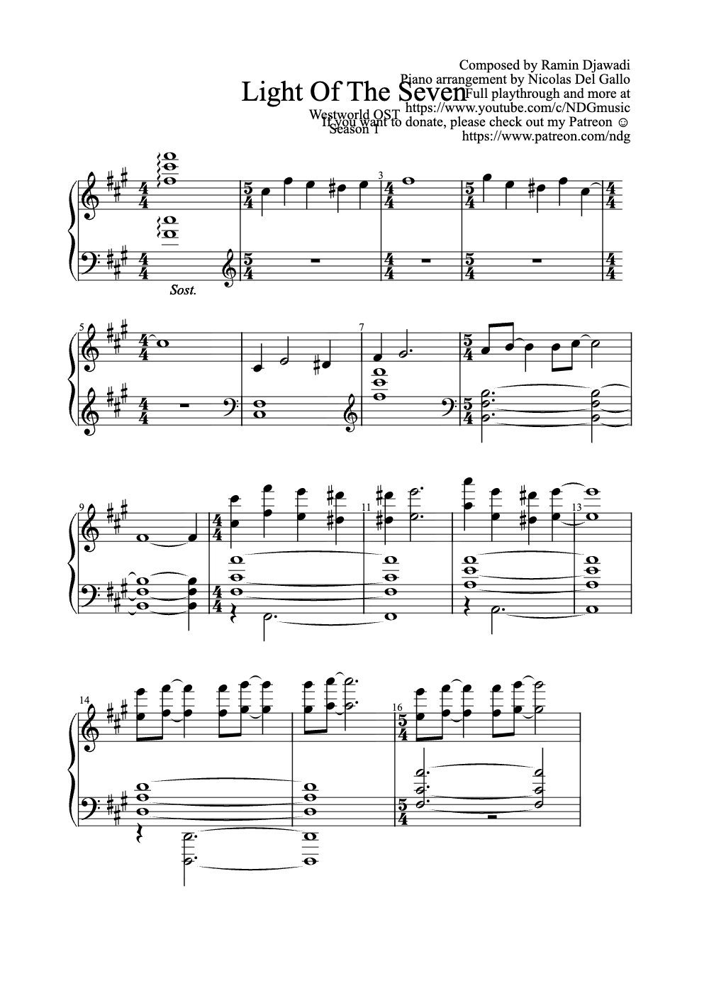 Sheet music preview for Light of the Seven