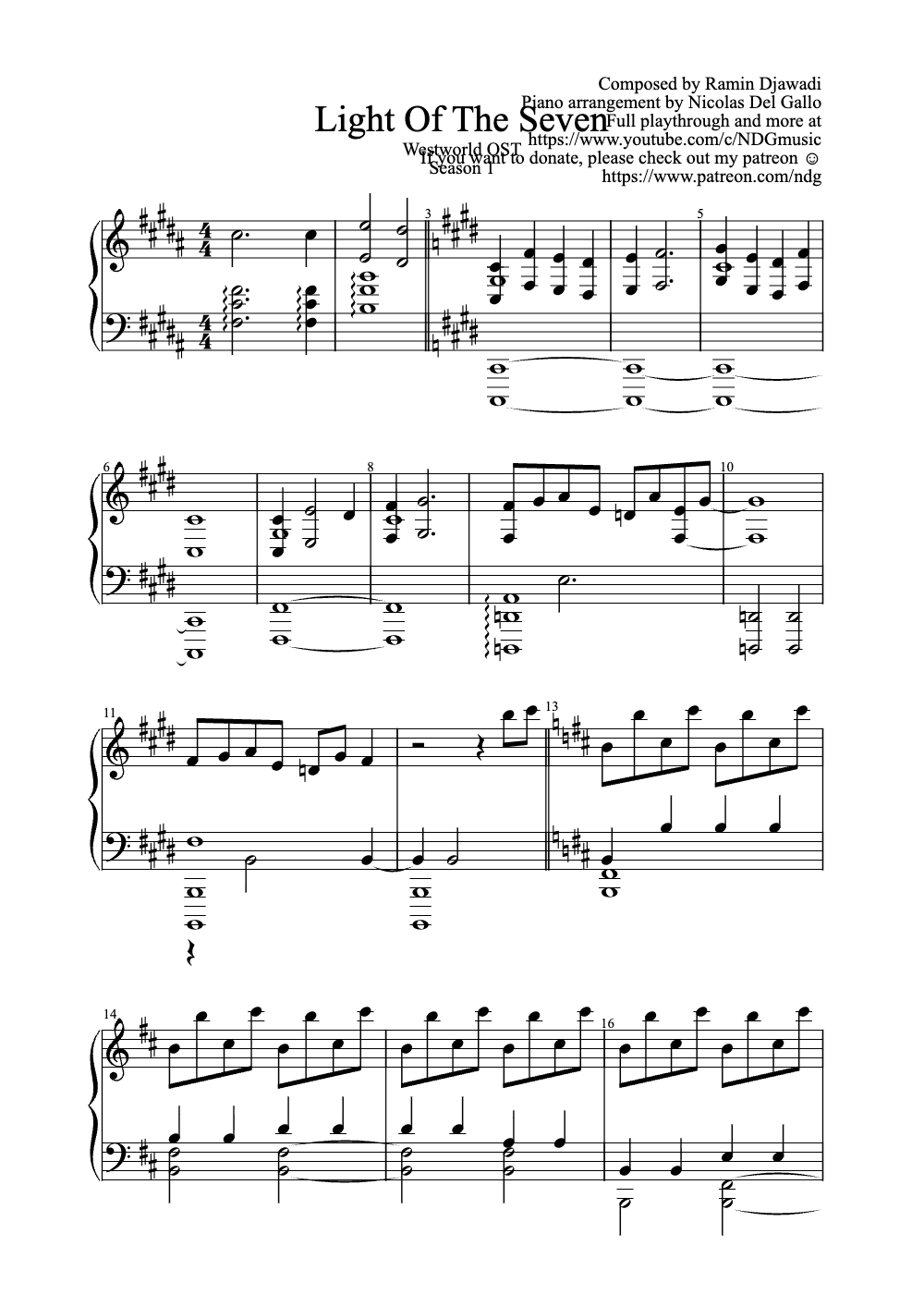 Sheet music preview for Light of the Seven