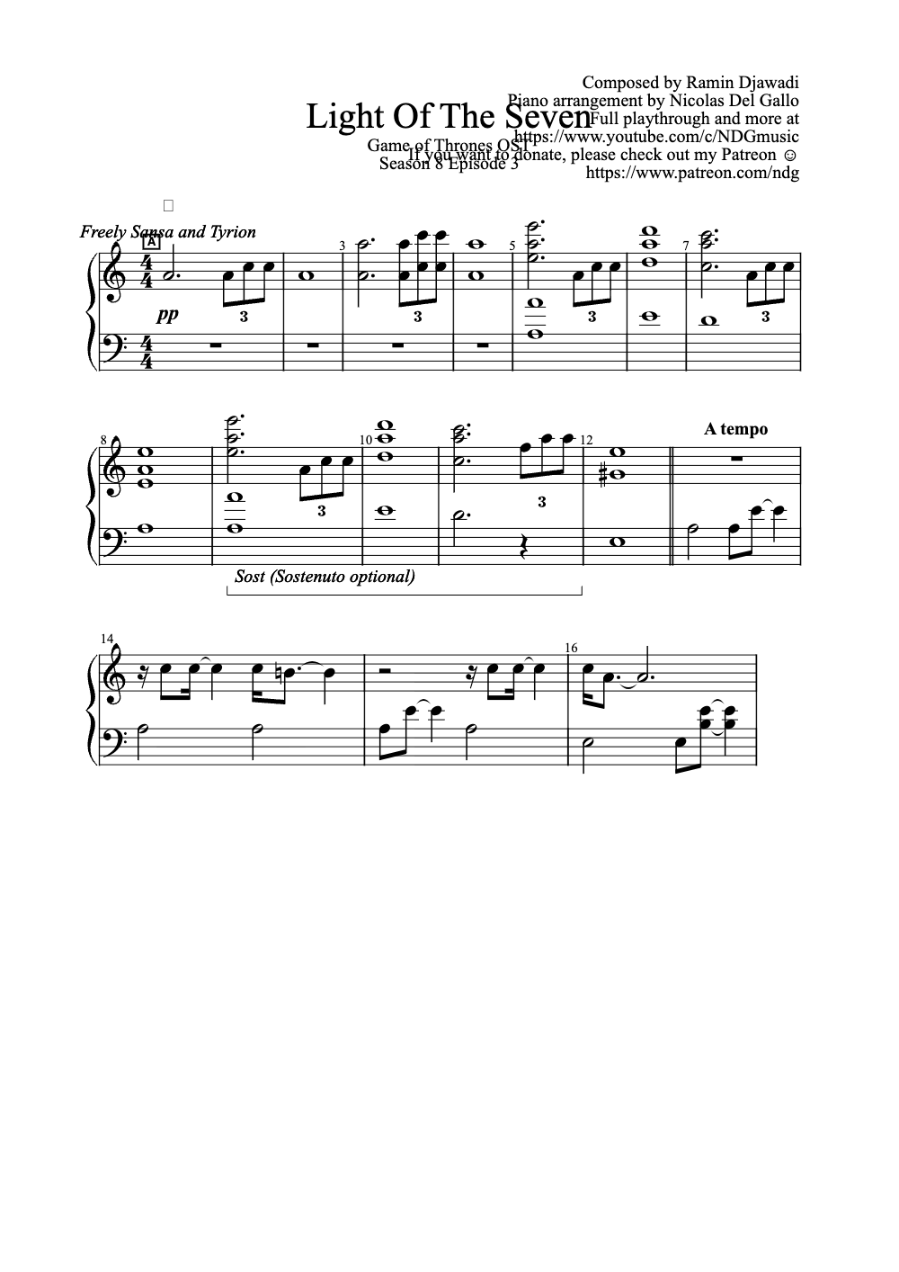 Sheet music preview for Light of the Seven
