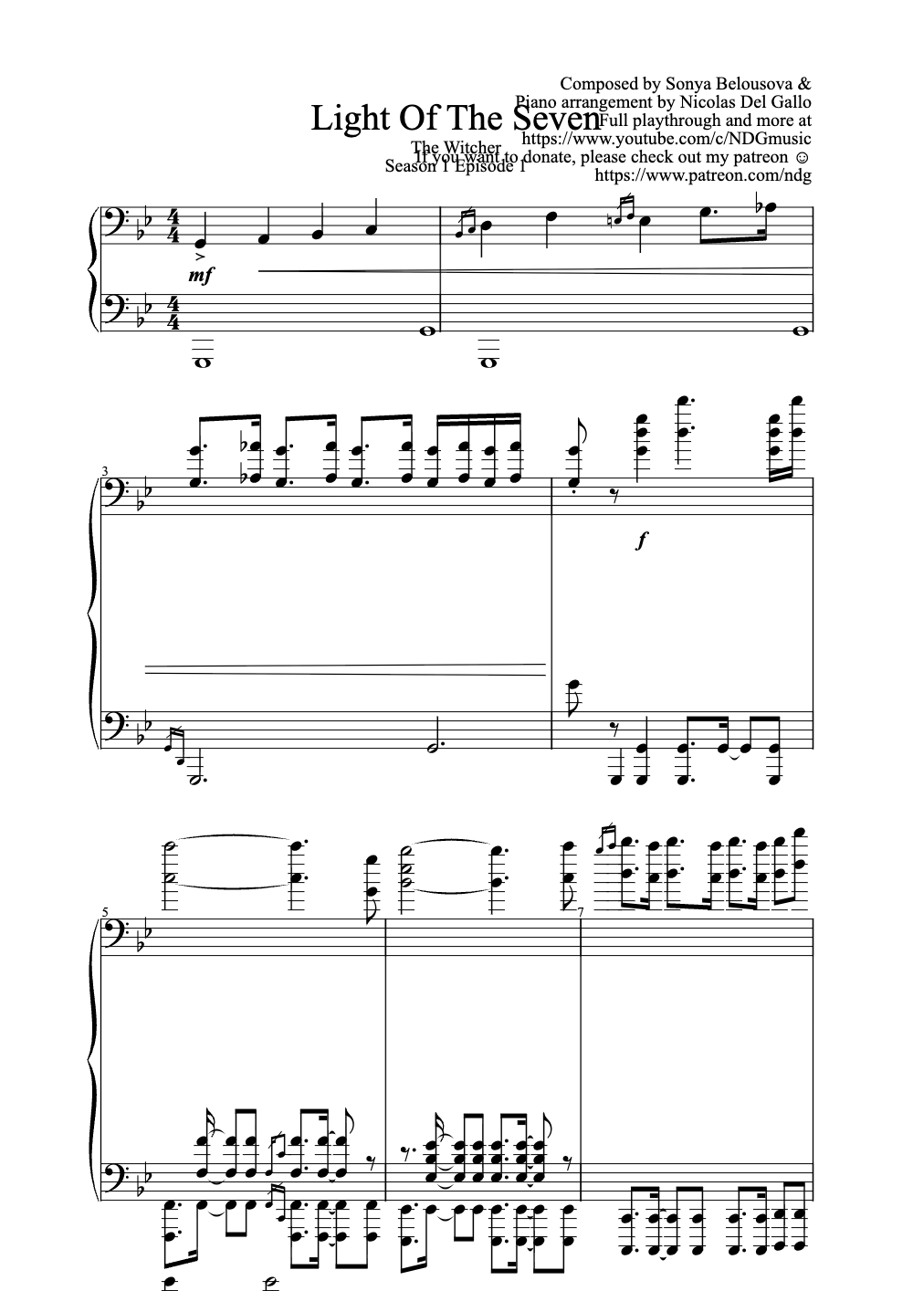 Sheet music preview for Light of the Seven