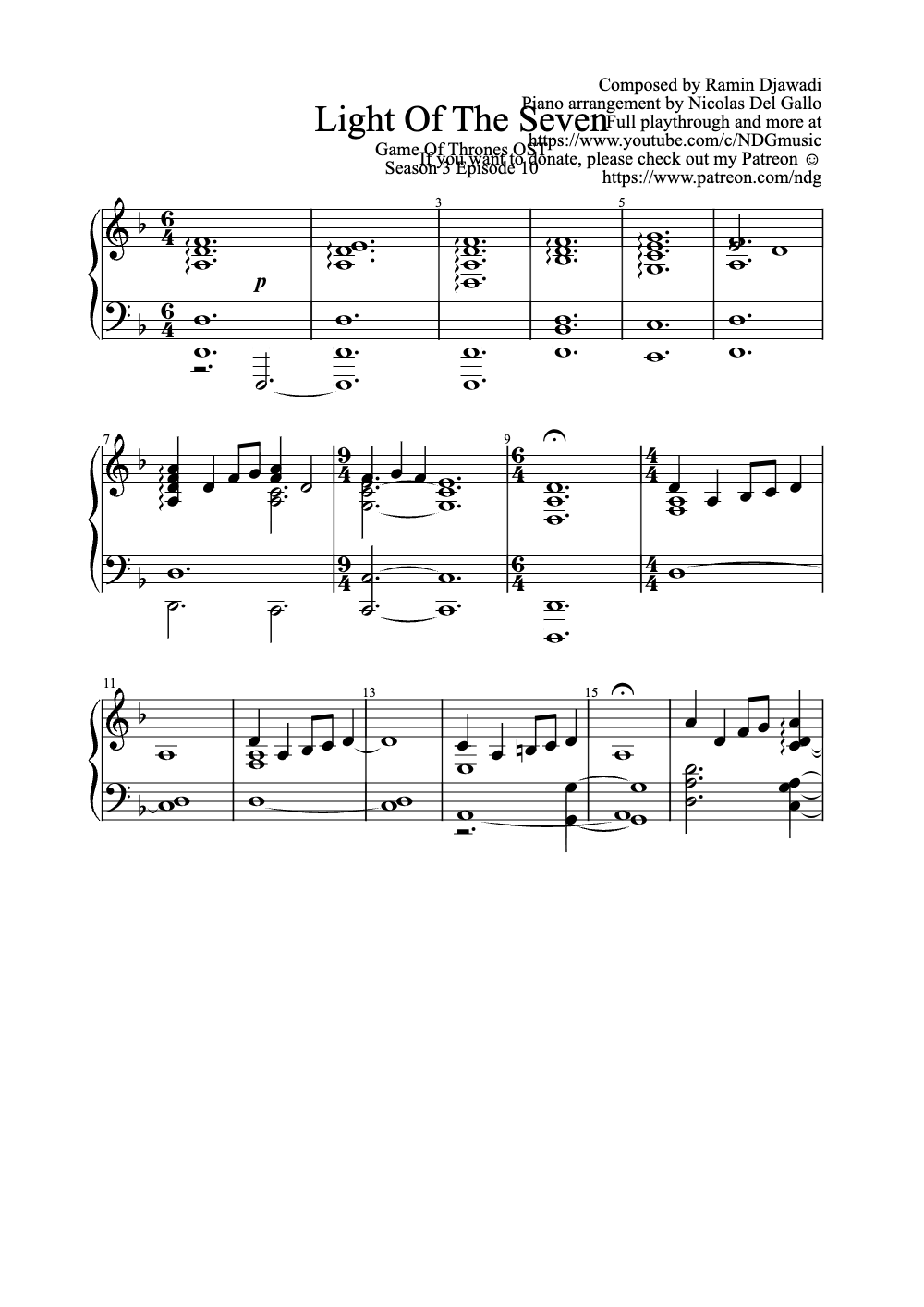 Sheet music preview for Light of the Seven