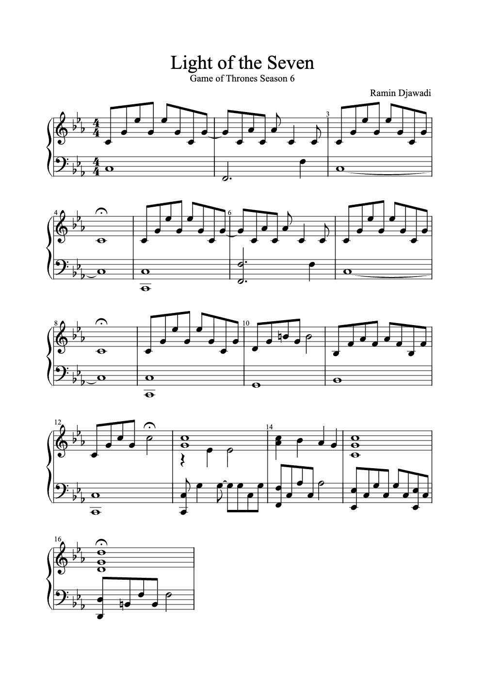 Sheet music preview for Light of the Seven