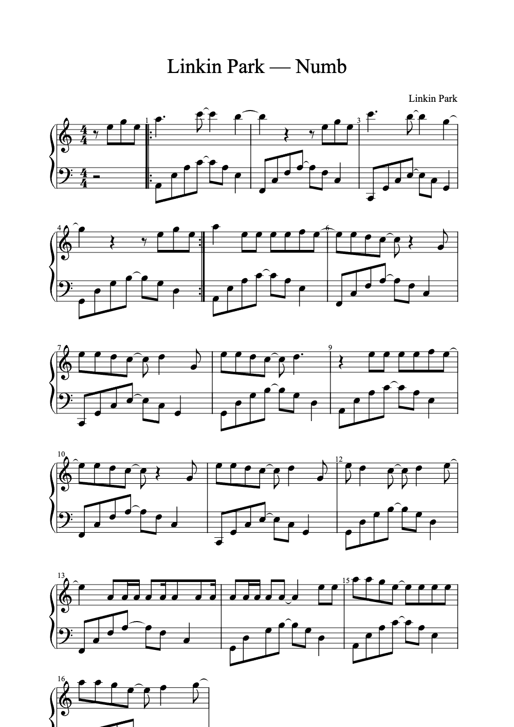 Sheet music preview for Numb