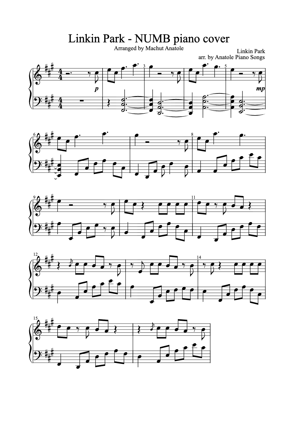 Sheet music preview for Numb