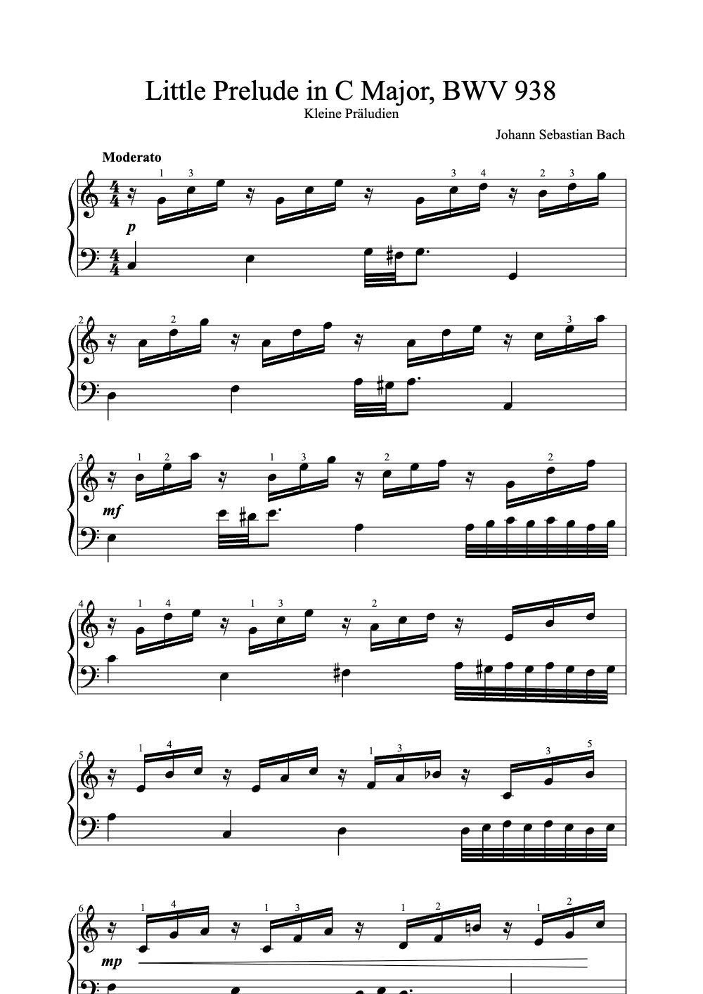 Sheet music preview for Little Prelude in C Major, BWV 938