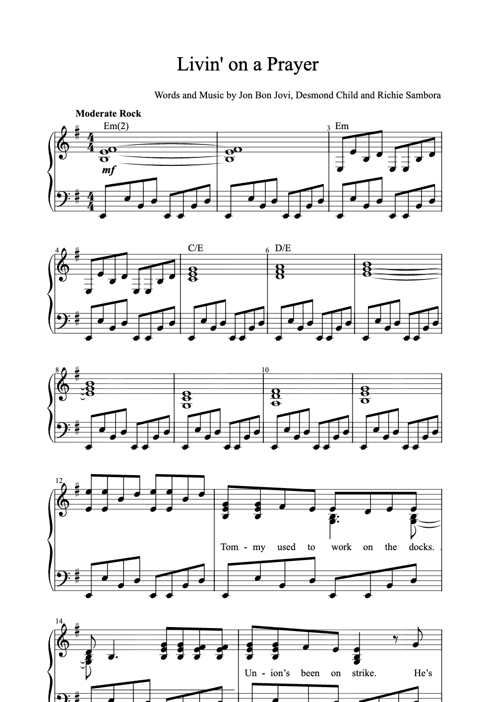 Sheet music preview for Livin' On A Prayer