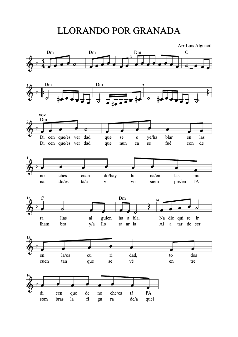 Sheet music preview for Llorando por Granada