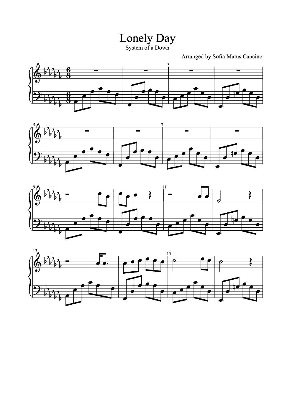 Sheet music preview for Lonely Day