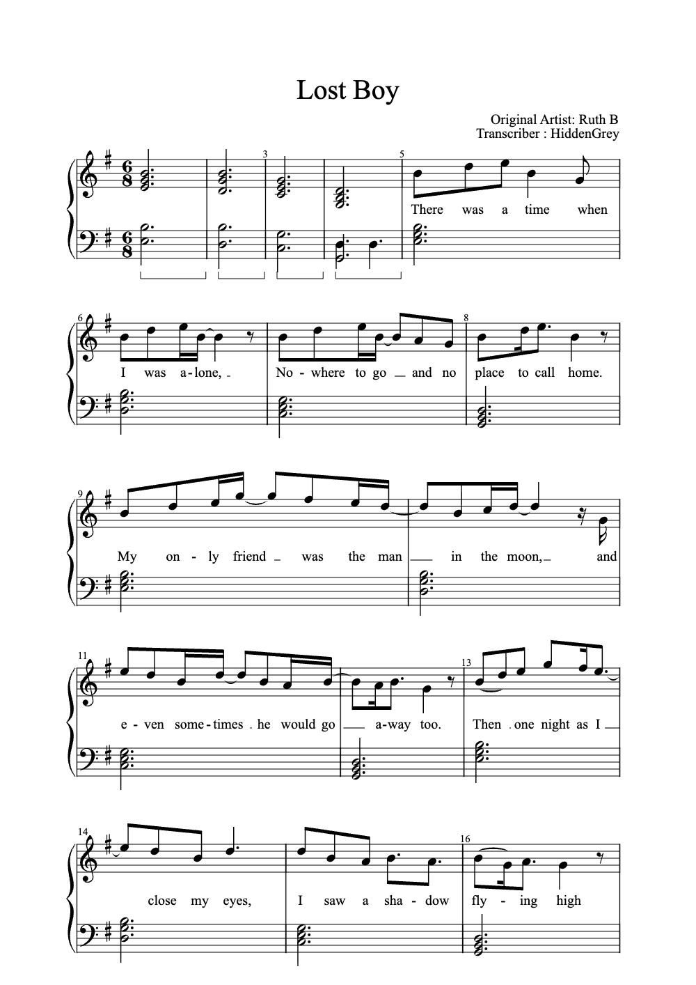 Sheet music preview for Lost Boy