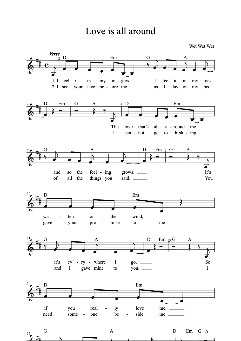 Sheet music preview for Love Is All Around