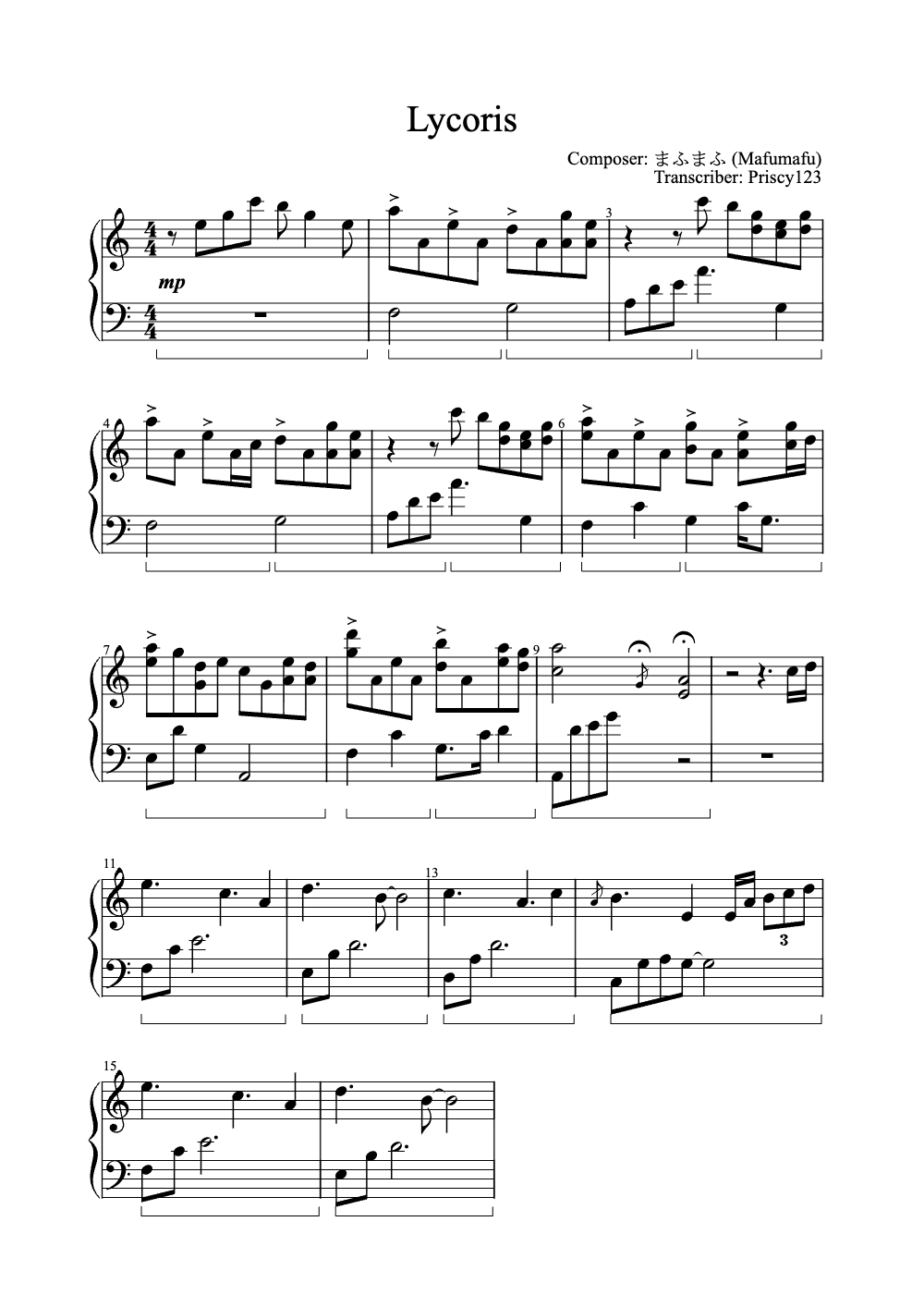 Sheet music preview for Lycoris