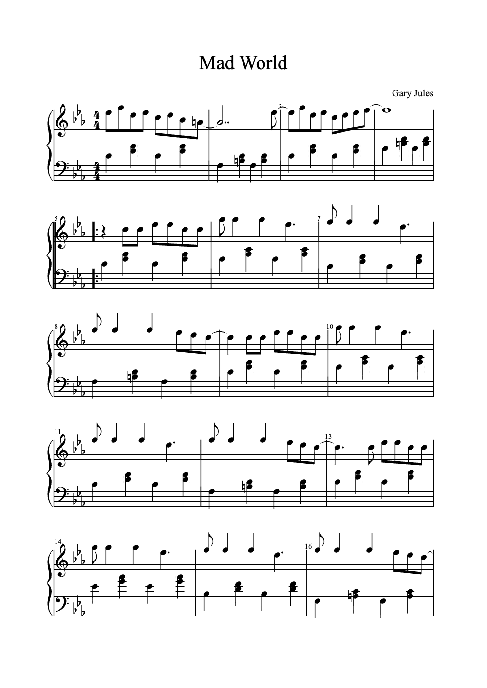 Sheet music preview for Mad World