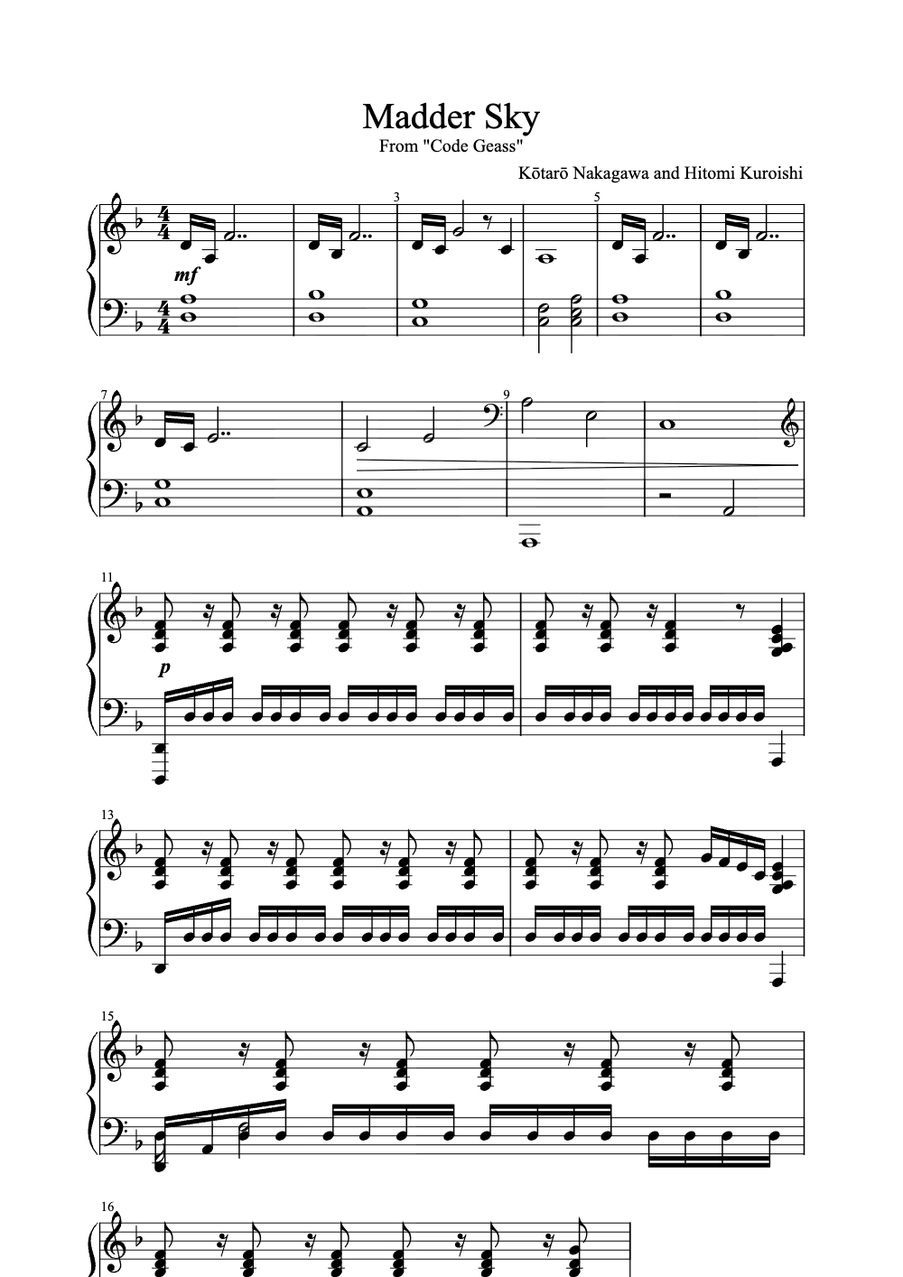 Sheet music preview for Madder Sky