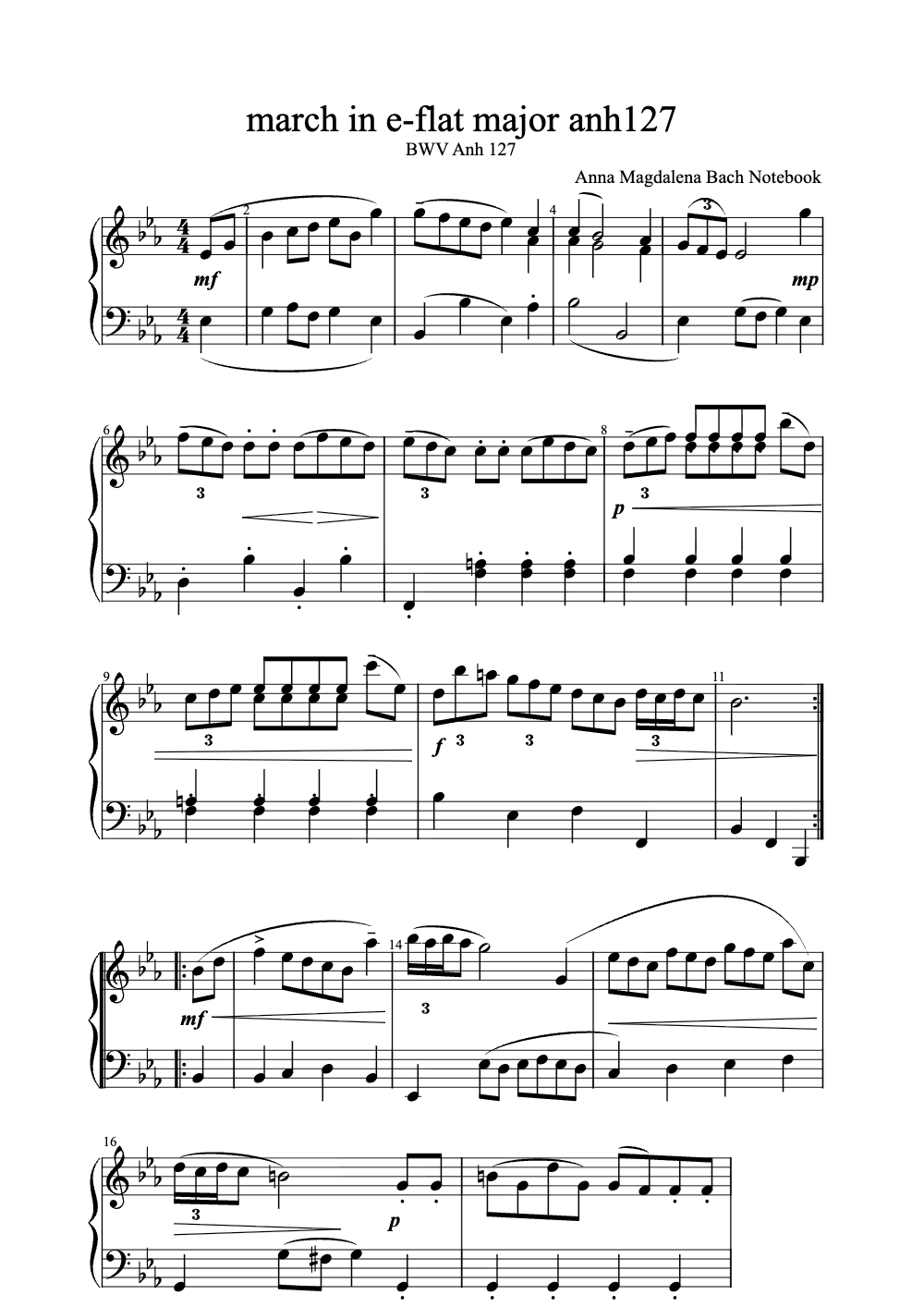 Sheet music preview for March in E-Flat Major, Anh. 127