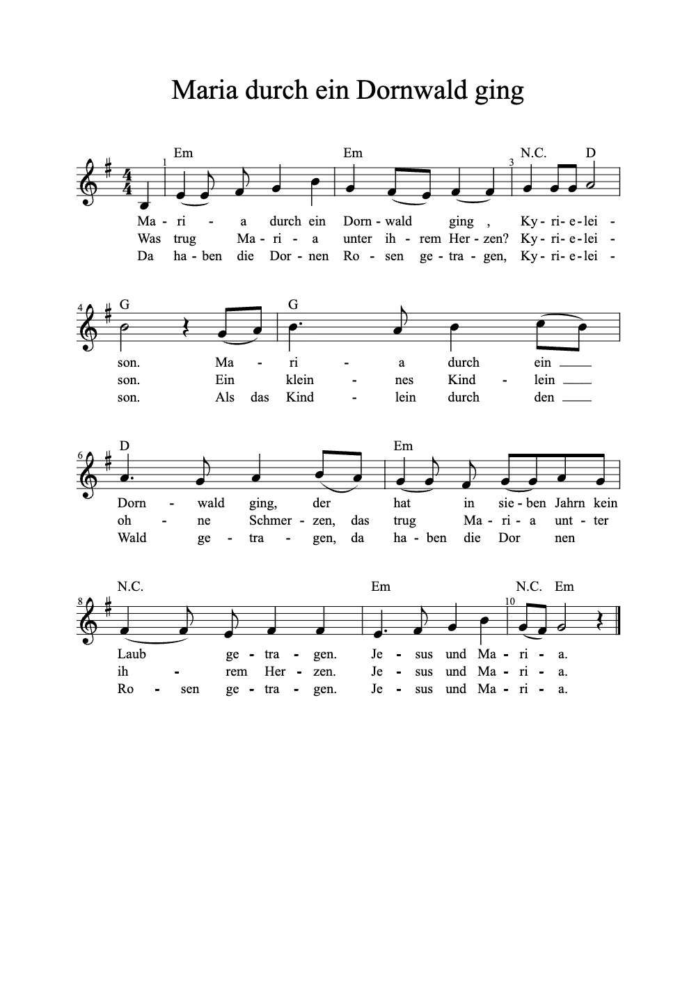 Sheet music preview for Maria Durch Ein Dornwald Ging
