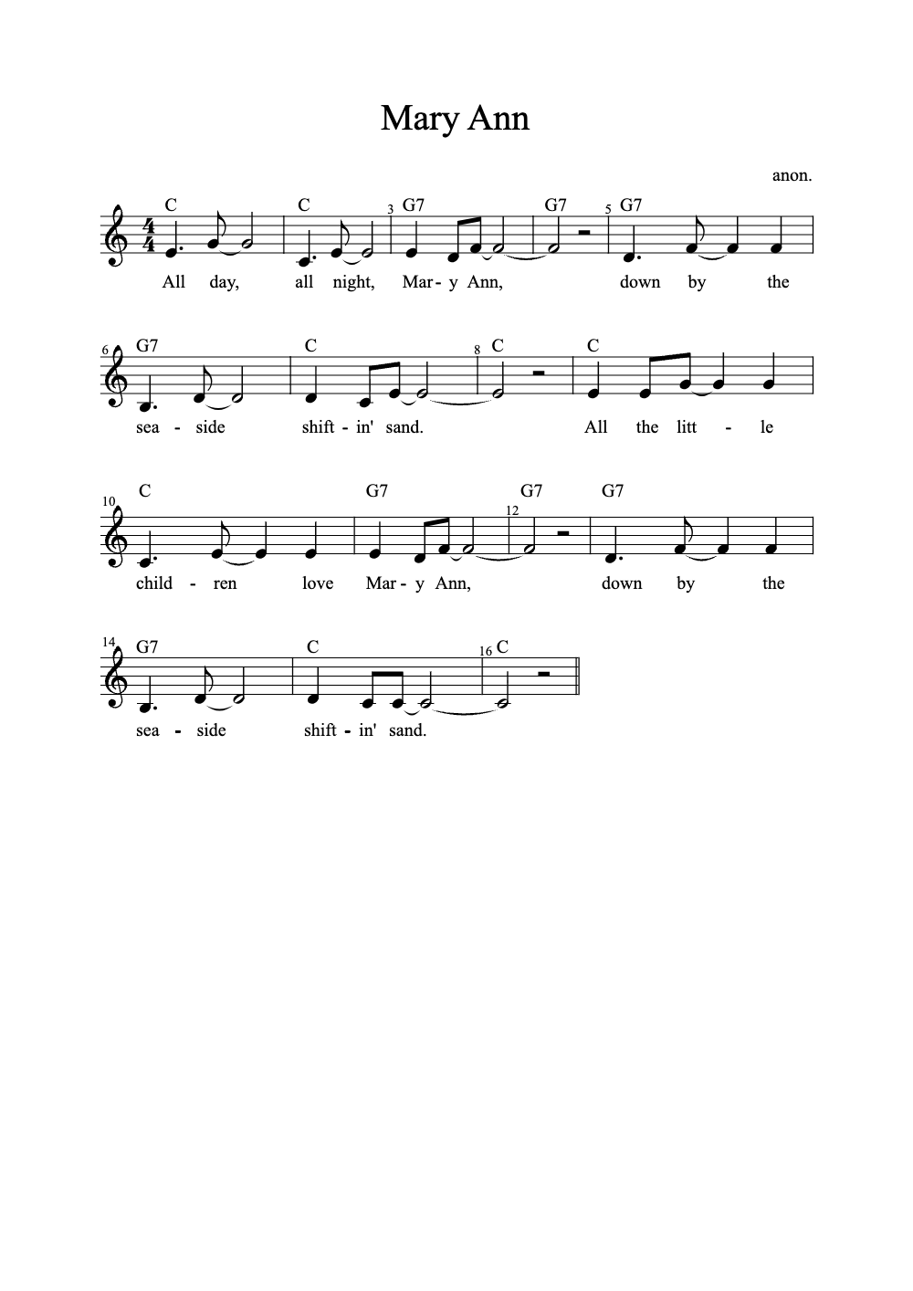 Sheet music preview for Mary Ann