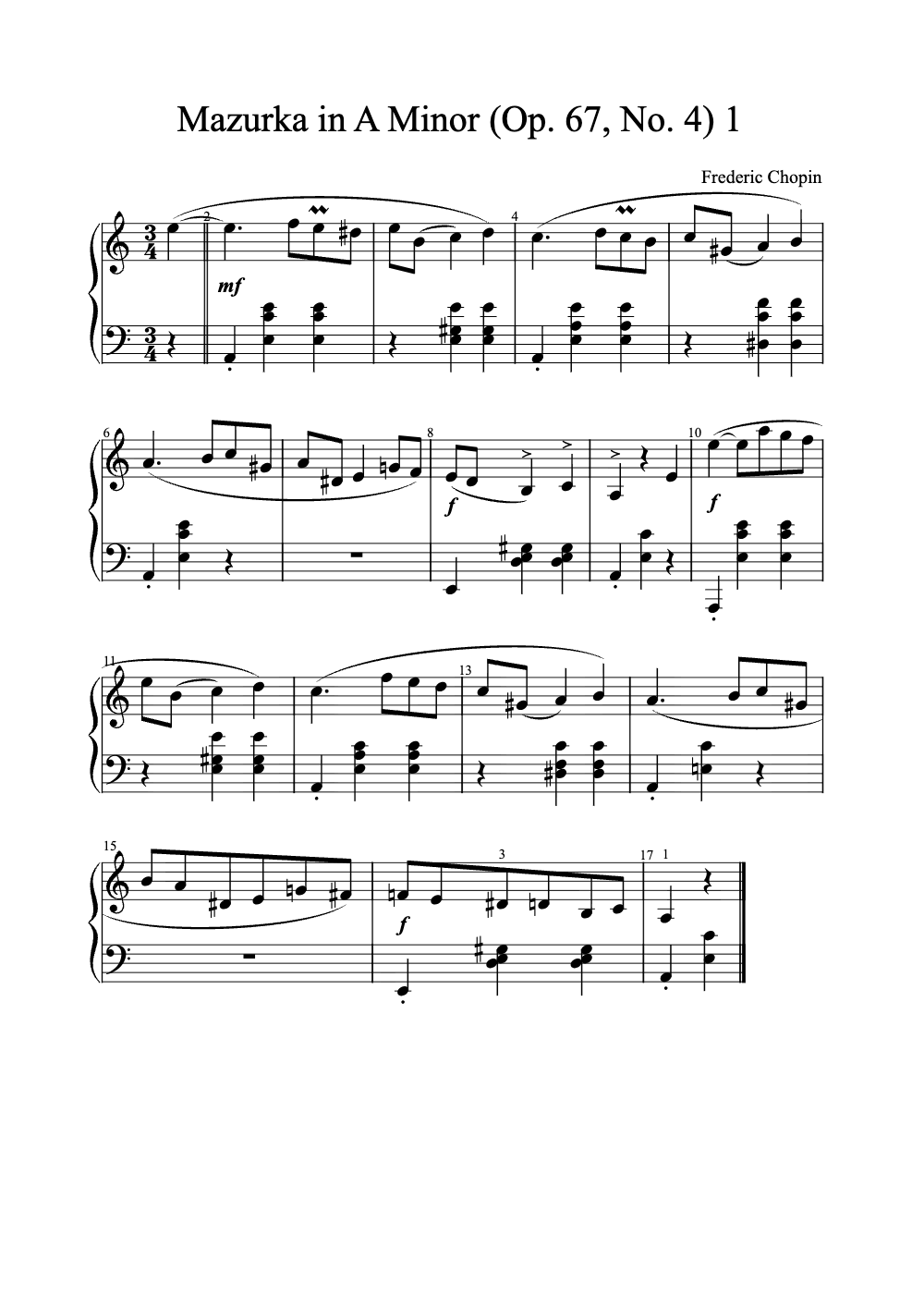 Sheet music preview for Mazurka in A Minor, Op. 67, No. 4