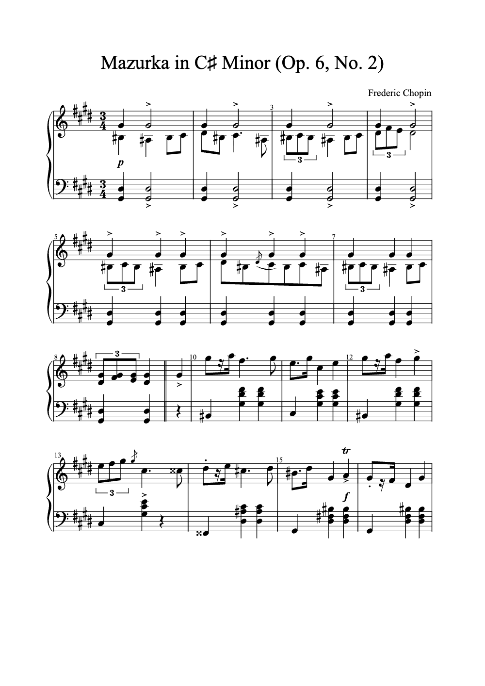 Sheet music preview for Mazurka in C♯ Minor, Op. 6, No. 2