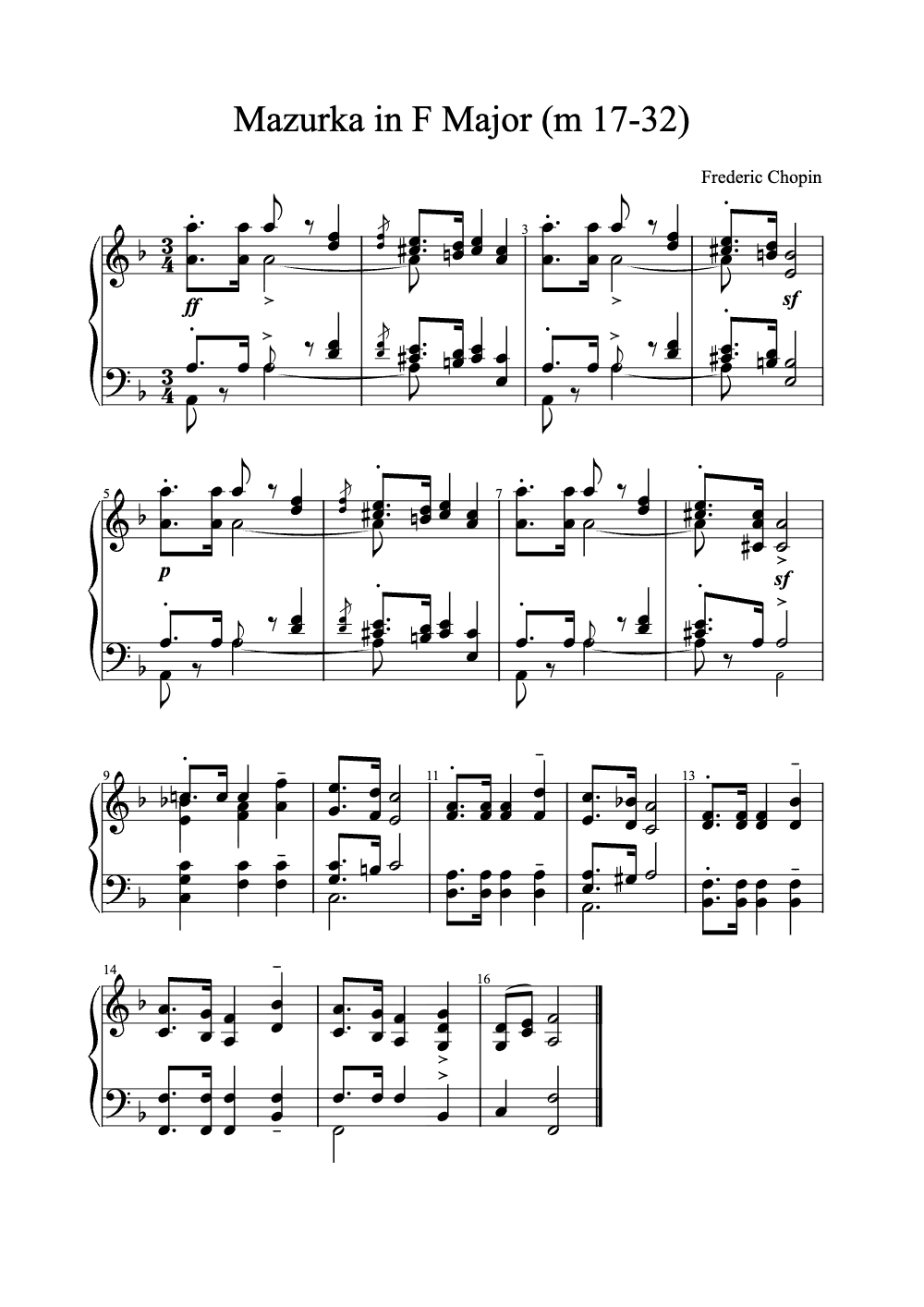 Sheet music preview for Mazurka in F Major