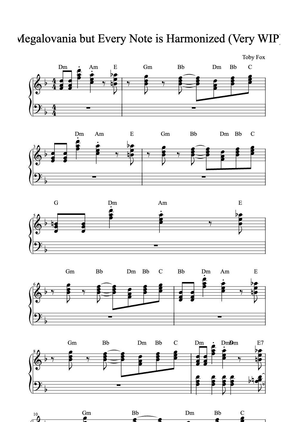 Sheet music preview for Megalovania But Every Note Is Harmonized
