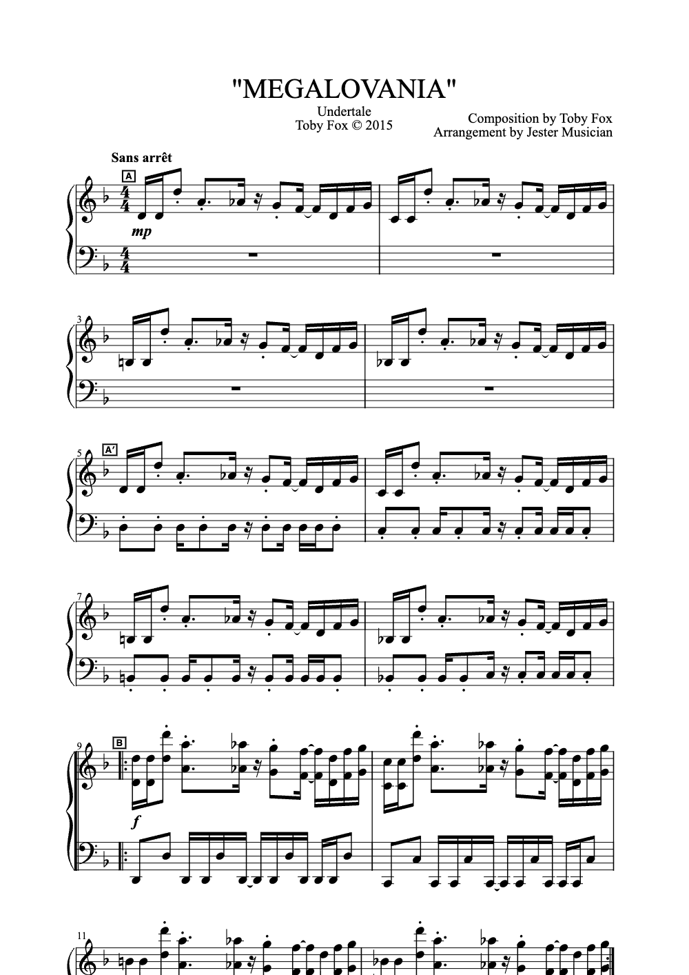 Sheet music preview for Megalovania