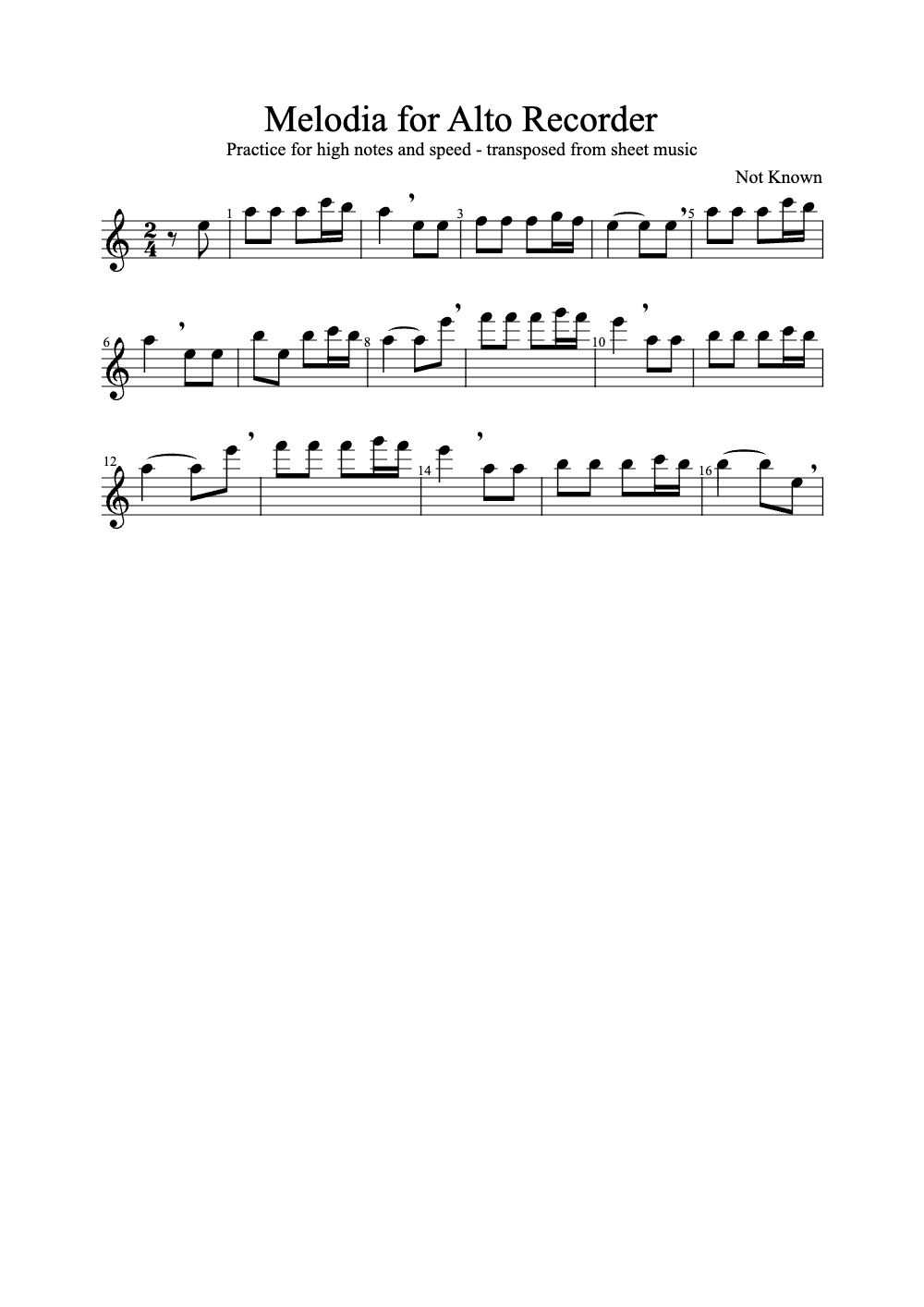 Sheet music preview for Melodia for Alto Recorder