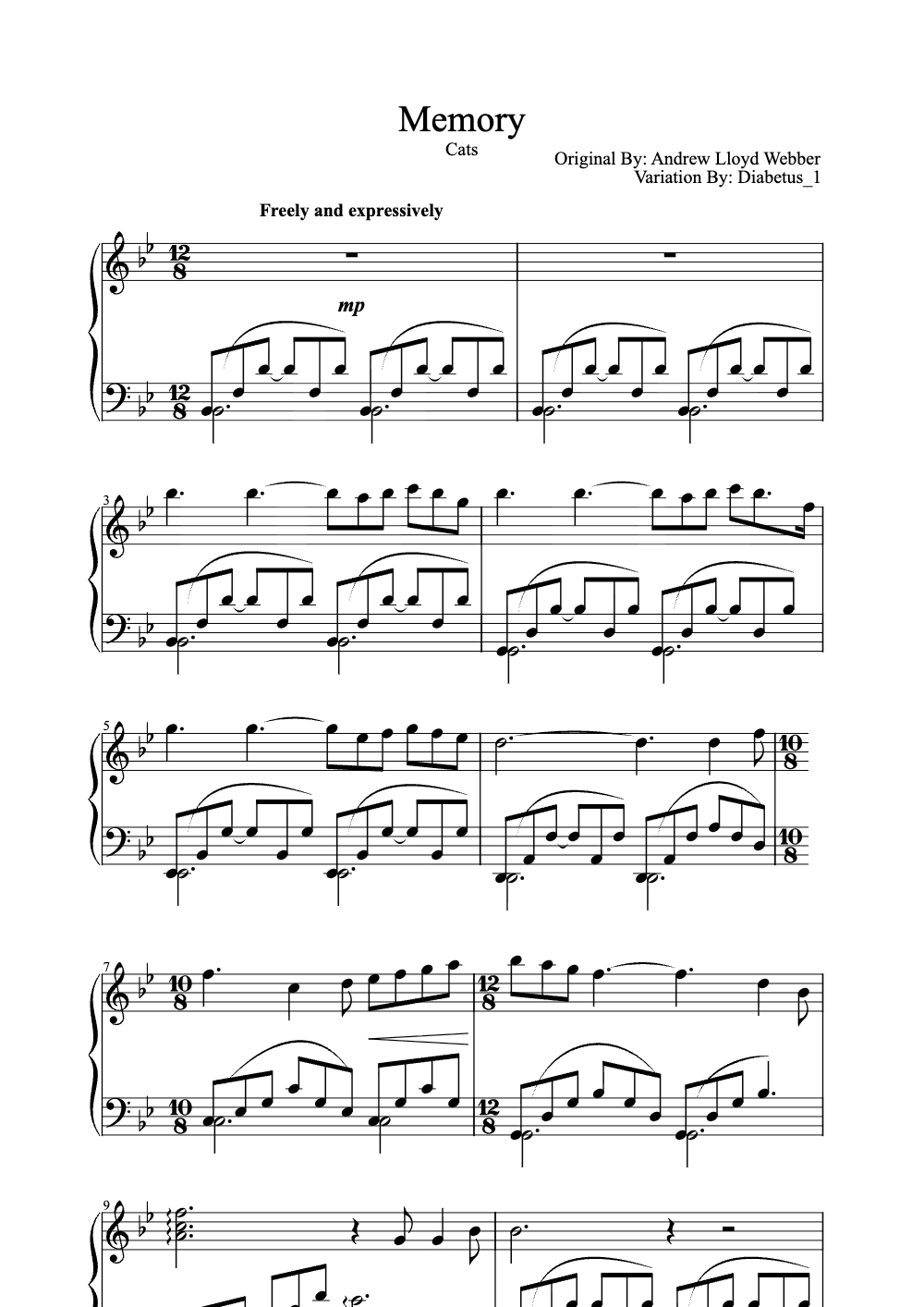 Sheet music preview for Memory