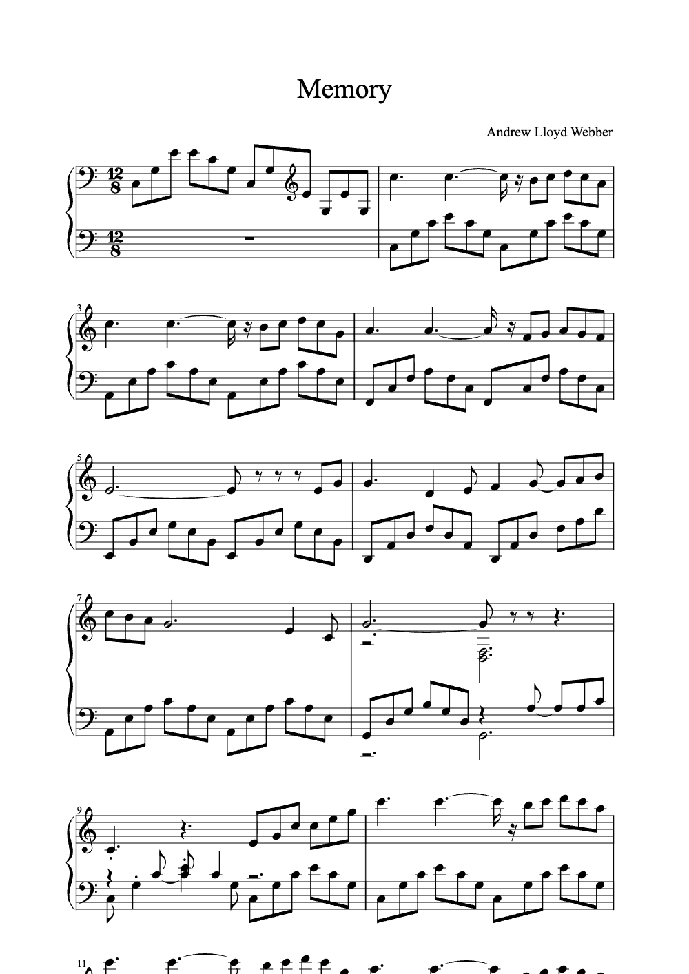 Sheet music preview for Memory