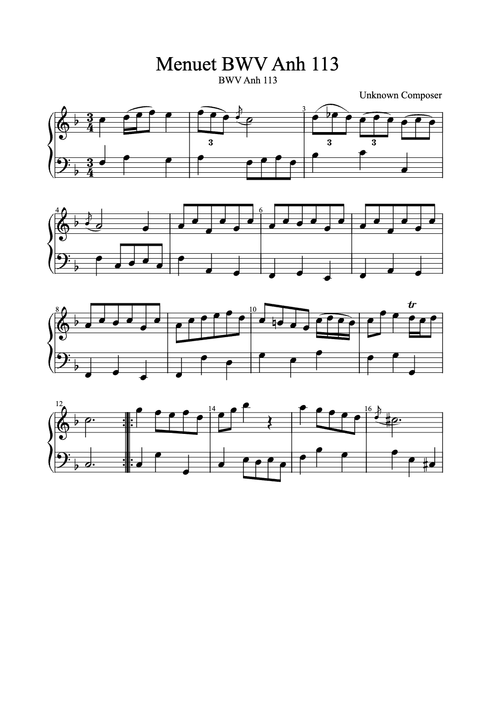 Sheet music preview for Menuet BWV Anh. 113