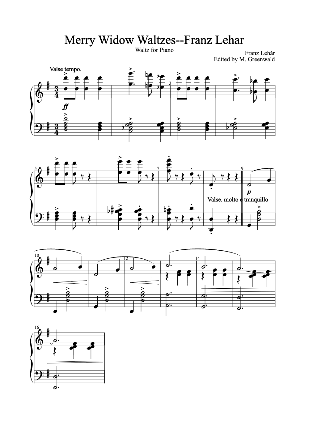 Sheet music preview for Merry Widow Waltzes