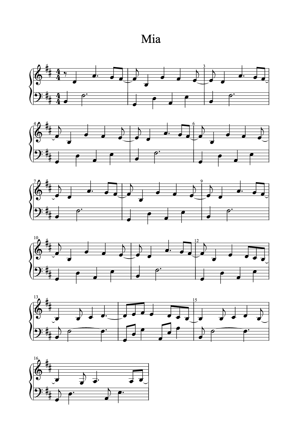 Sheet music preview for Mia