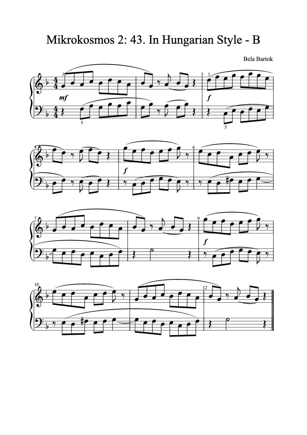 Sheet music preview for Mikrokosmos 2: 43. In Hungarian Style